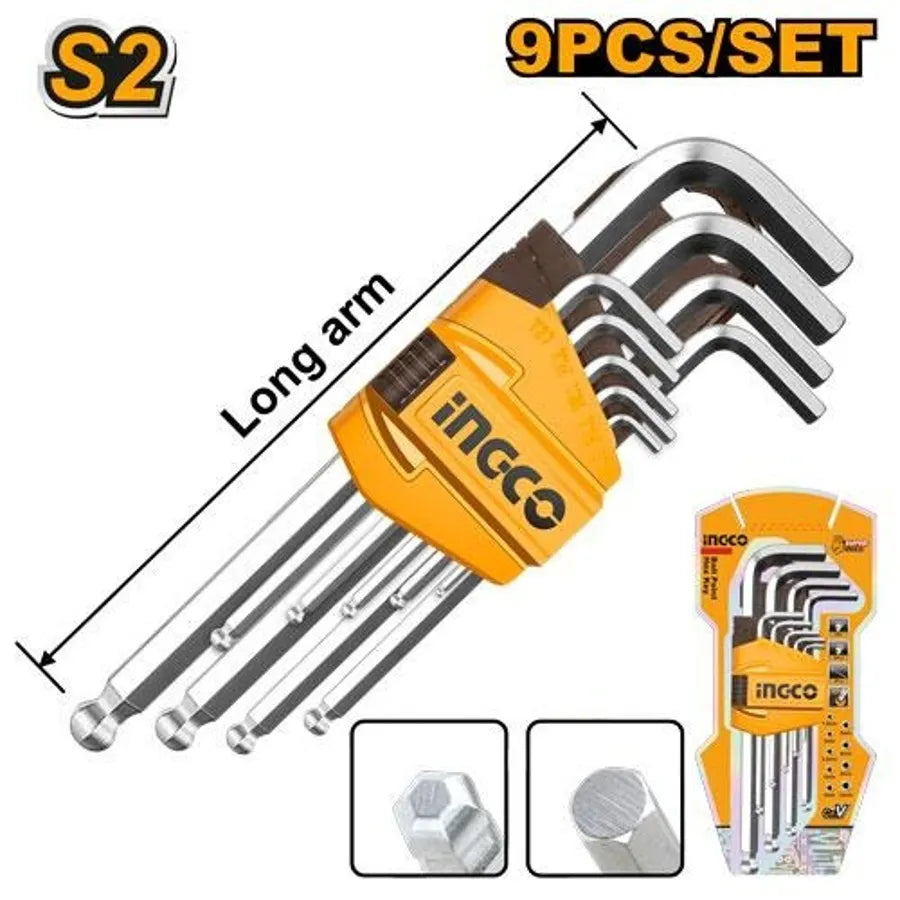 Ball Point Hex Key Long Arm 9Pcs Set - INGCO