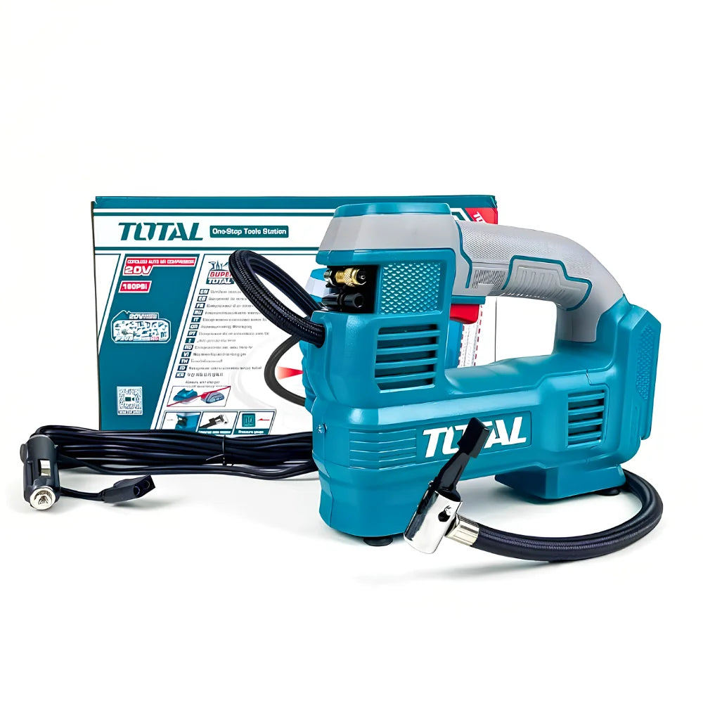 A teal and gray TOTAL pneumatic tool system shown with its retail box, black power cord, and attached hose on a clean white background.
