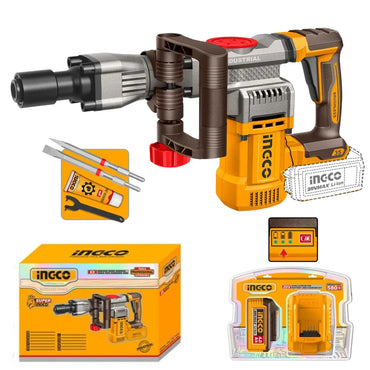 Incco cordless hammer drill kit with drill gun, accessories, charger, battery, and retail box on a white background.