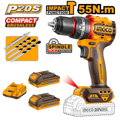 Incco P20S cordless drill driver kit with a yellow and brown drill bit, three battery packs, and accessories on a white background with feature callouts.