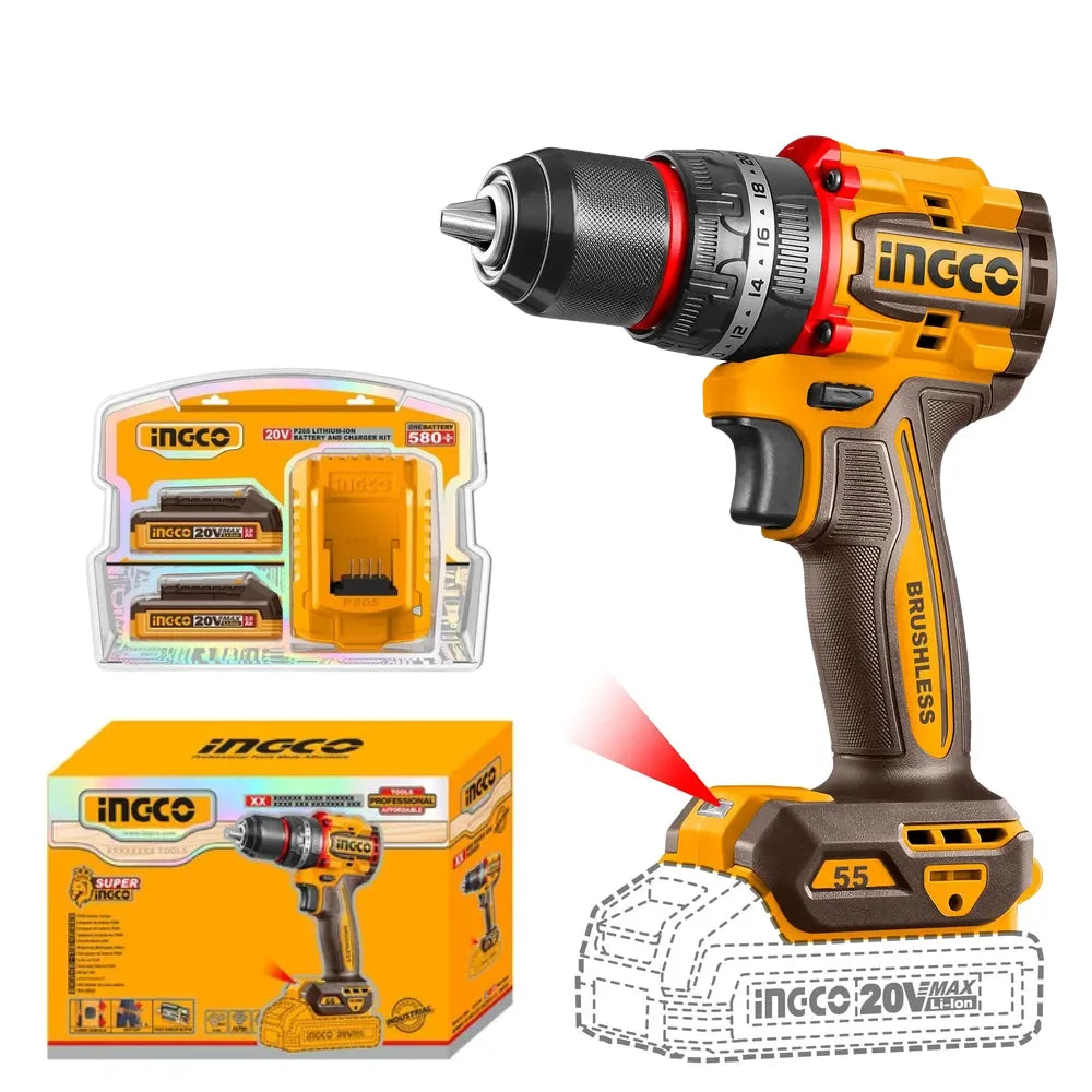 20V Cordless Impact Drill Brushless 55Nm with Battery Kit - INGCO