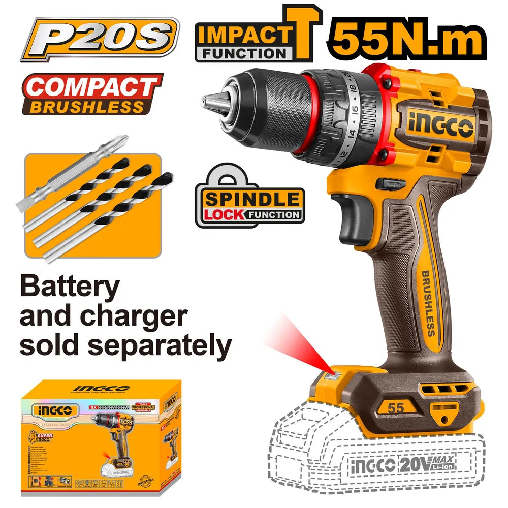 20V Cordless Impact Drill Brushless 55Nm - INGCO