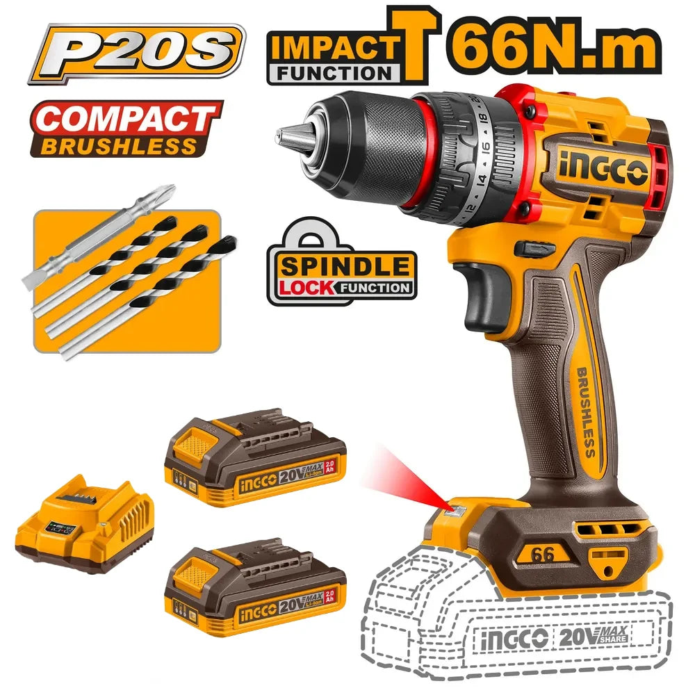 20V Cordless Impact Drill Brushless 66Nm with Battery Kit - INGCO