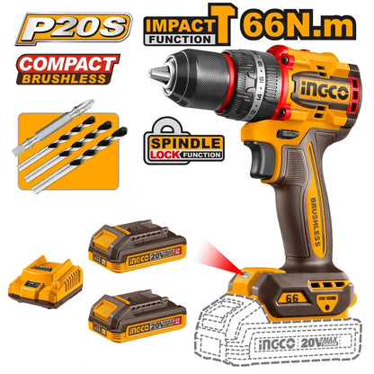 20V Cordless Impact Drill Brushless 66Nm with Battery Kit - INGCO
