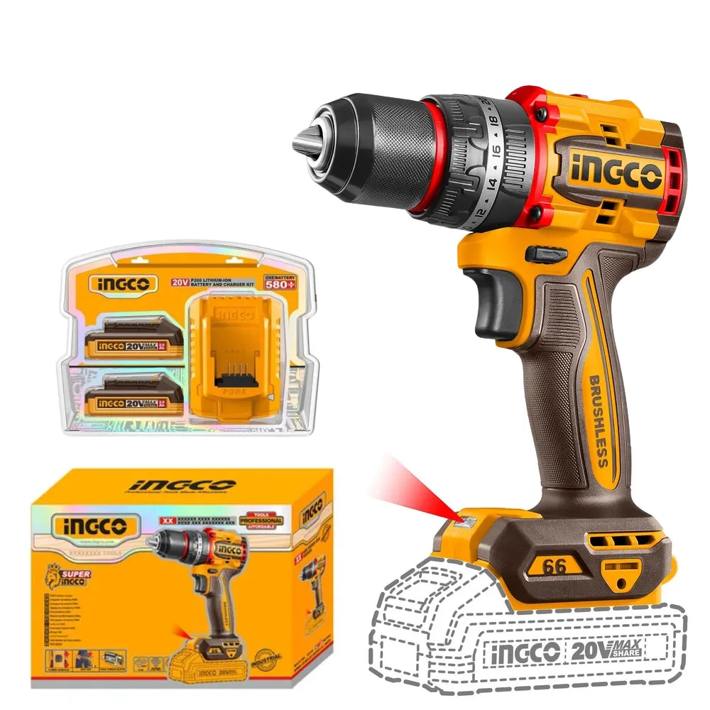 iNGCO cordless drill driver shown on a white background with its retail box, battery packaging, and a battery graphic. The drill has a yellow and black body with red accents, and the visible brand is iNGCO.