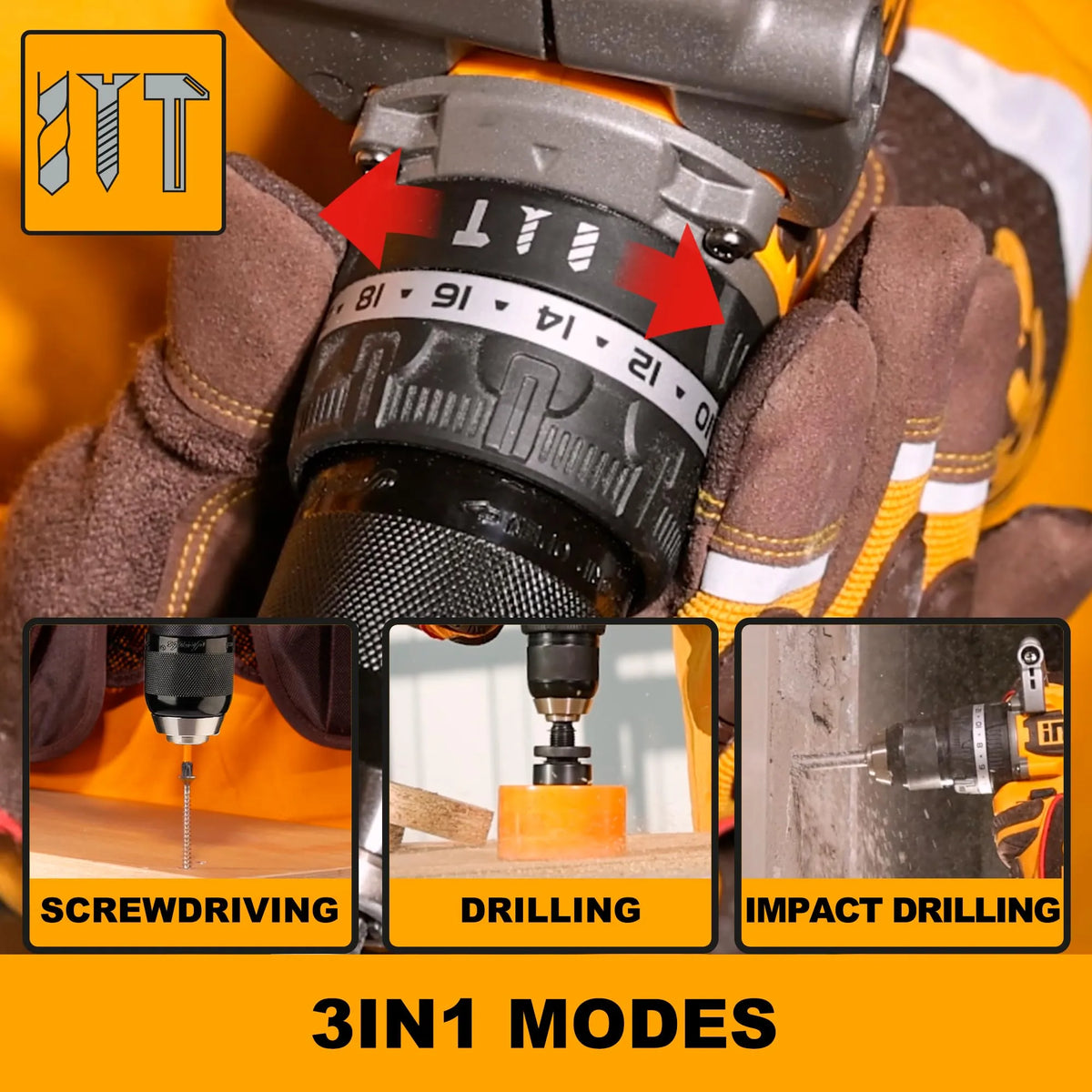 A 3-in-1 cordless drill with a multi-angle view showing a hand wearing a protective glove holding the drill, three inset demonstration panels labeled screwdriving, drilling, and impact drilling, and the text '3IN1 MODES' on a bright orange background.