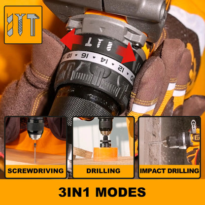 A 3-in-1 cordless drill with a multi-angle view showing a hand wearing a protective glove holding the drill, three inset demonstration panels labeled screwdriving, drilling, and impact drilling, and the text '3IN1 MODES' on a bright orange background.