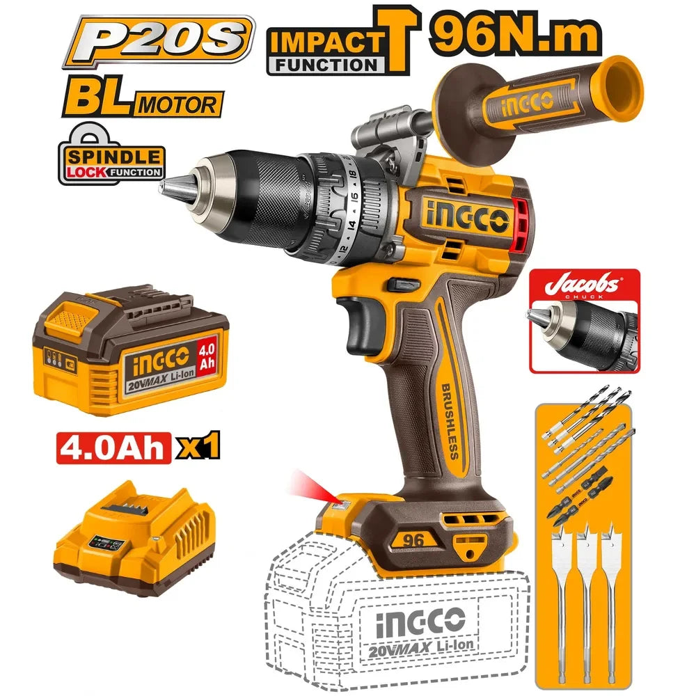20V Cordless Impact Drill Brushless 96Nm with Battery Kit - INGCO