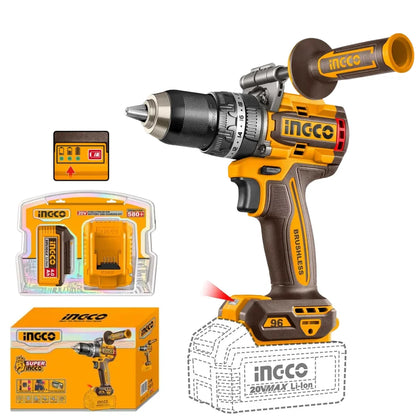 An INCCO cordless drill with a yellow and brown grip, shown alongside its battery, charger, and retail box on a white background.