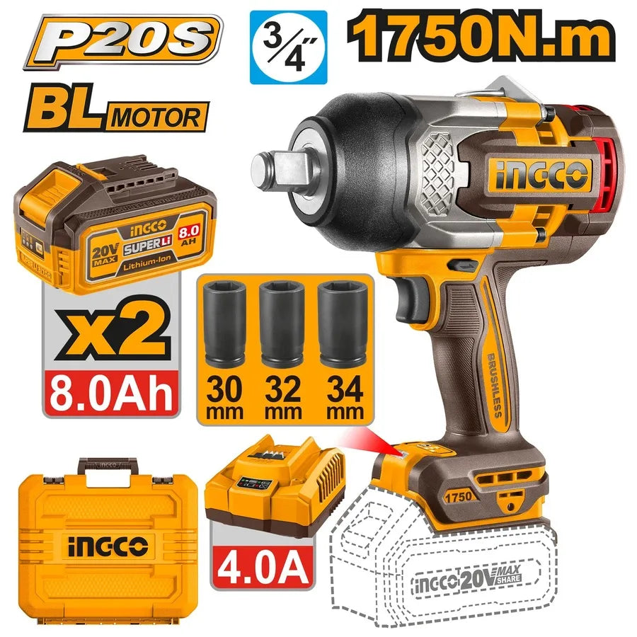 20V Cordless Impact Wrench Brushless 1750Nm - INGCO
