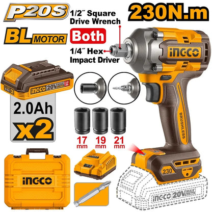 20V Cordless Impact Driver & Wrench Brushless 230Nm - INGCO