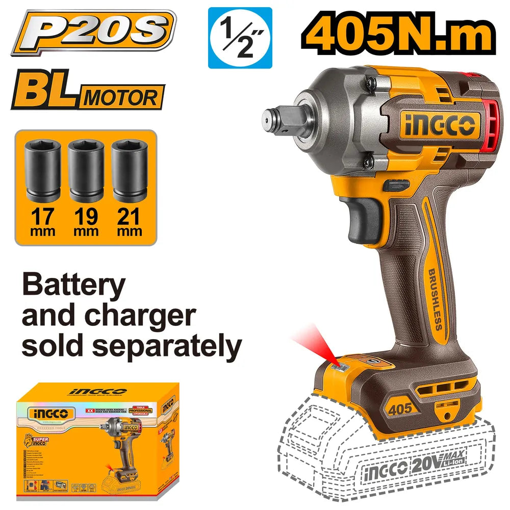 20V Cordless Impact Wrench Brushless 405Nm - INGCO