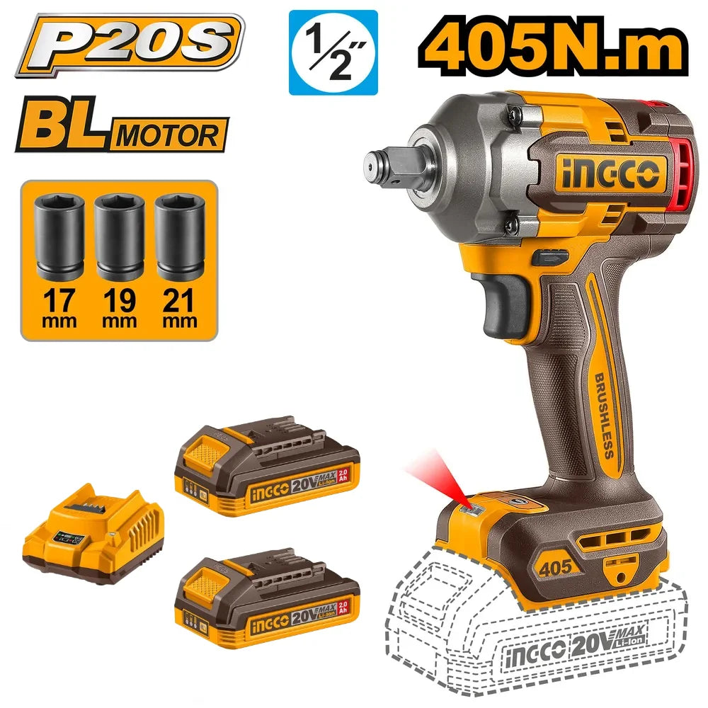 20V Cordless Impact Wrench Brushless 405Nm with Battery Kit - INGCO