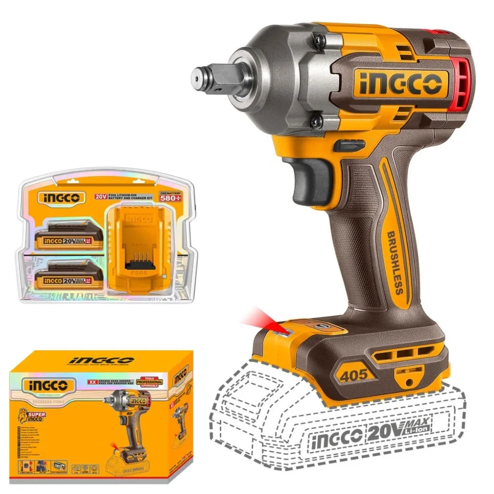 Incco cordless impact wrench shown with its battery, charger, and retail box on a white background. The product is yellow and dark brown with black details, and the Incco brand name is clearly visible on multiple items.
