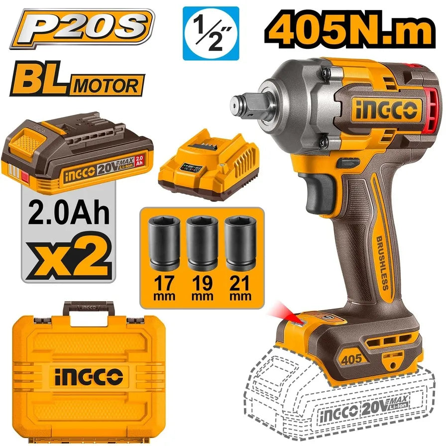 20V Cordless Impact Wrench Brushless 405Nm - INGCO