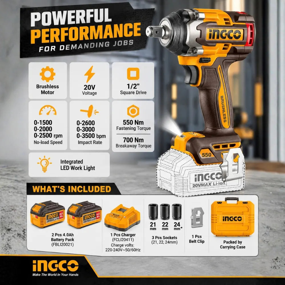 INGCO Brushless Cordless Impact Wrench for Automotive, Mechanical & Construction Fastening, 20 V, 550 Nm Fastening Torque, 700 Nm Breakaway Torque - CIWLI2055
