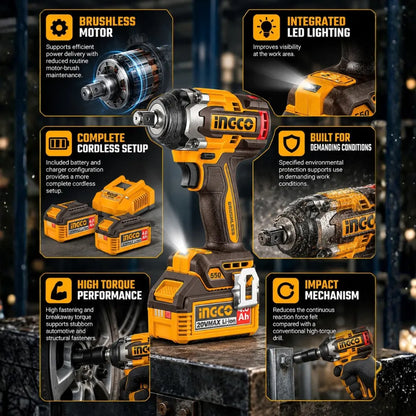 INGCO Brushless Cordless Impact Wrench for Automotive, Mechanical & Construction Fastening, 20 V, 550 Nm Fastening Torque, 700 Nm Breakaway Torque - CIWLI2055
