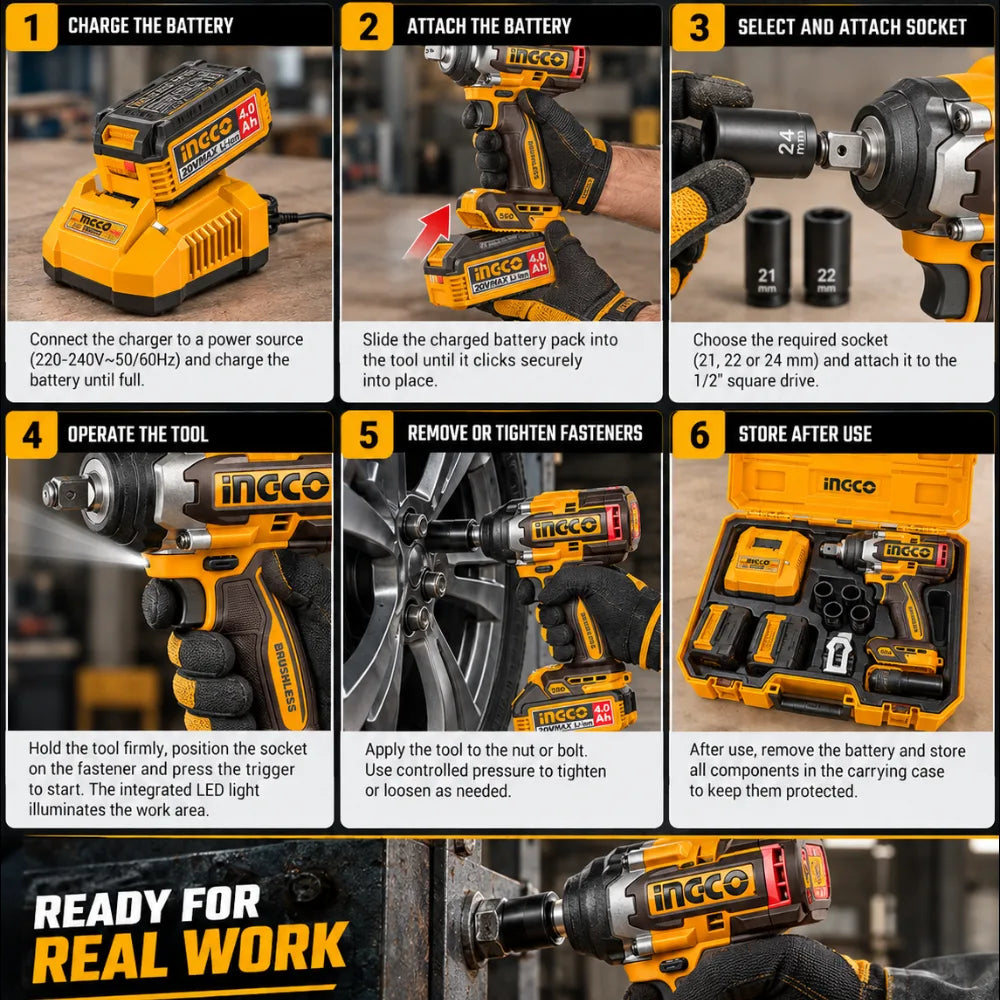 INGCO Brushless Cordless Impact Wrench for Automotive, Mechanical & Construction Fastening, 20 V, 550 Nm Fastening Torque, 700 Nm Breakaway Torque - CIWLI2055
