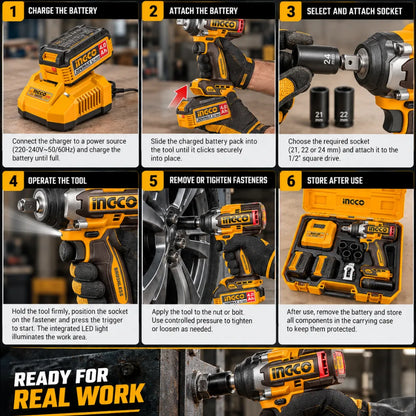 INGCO Brushless Cordless Impact Wrench for Automotive, Mechanical & Construction Fastening, 20 V, 550 Nm Fastening Torque, 700 Nm Breakaway Torque - CIWLI2055
