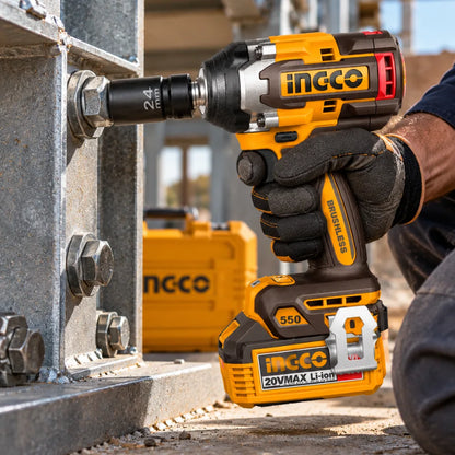 INGCO Brushless Cordless Impact Wrench for Automotive, Mechanical & Construction Fastening, 20 V, 550 Nm Fastening Torque, 700 Nm Breakaway Torque - CIWLI2055