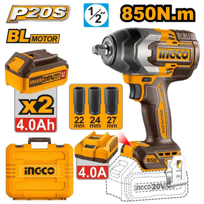 20V Cordless Impact Wrench Brushless 850Nm - INGCO