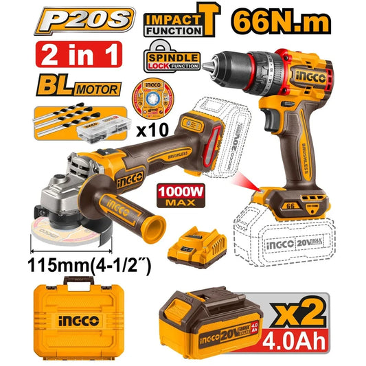 20V Cordless Combo Kit Drill 66Nm & Angle Grinder - INGCO