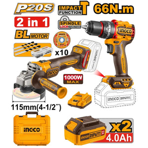 20V Cordless Combo Kit Drill 66Nm & Angle Grinder - INGCO