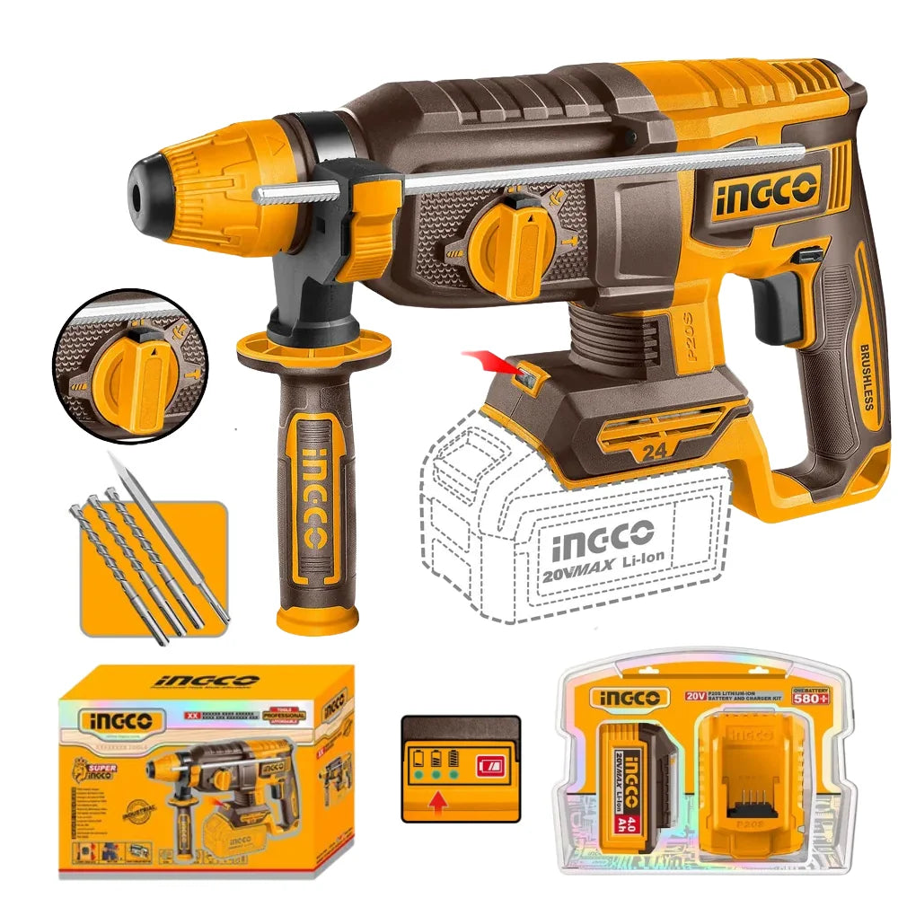 An INCCO cordless rotary hammer drill with a yellow and brown body, shown with accessories including four drill bits, a battery, a charger, and the retail box on a white background.