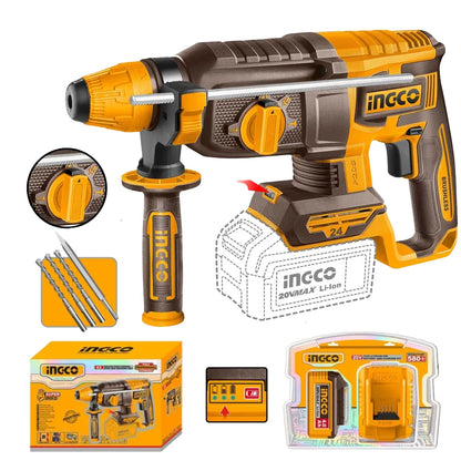 An INCCO cordless rotary hammer drill with a yellow and brown body, shown with accessories including four drill bits, a battery, a charger, and the retail box on a white background.