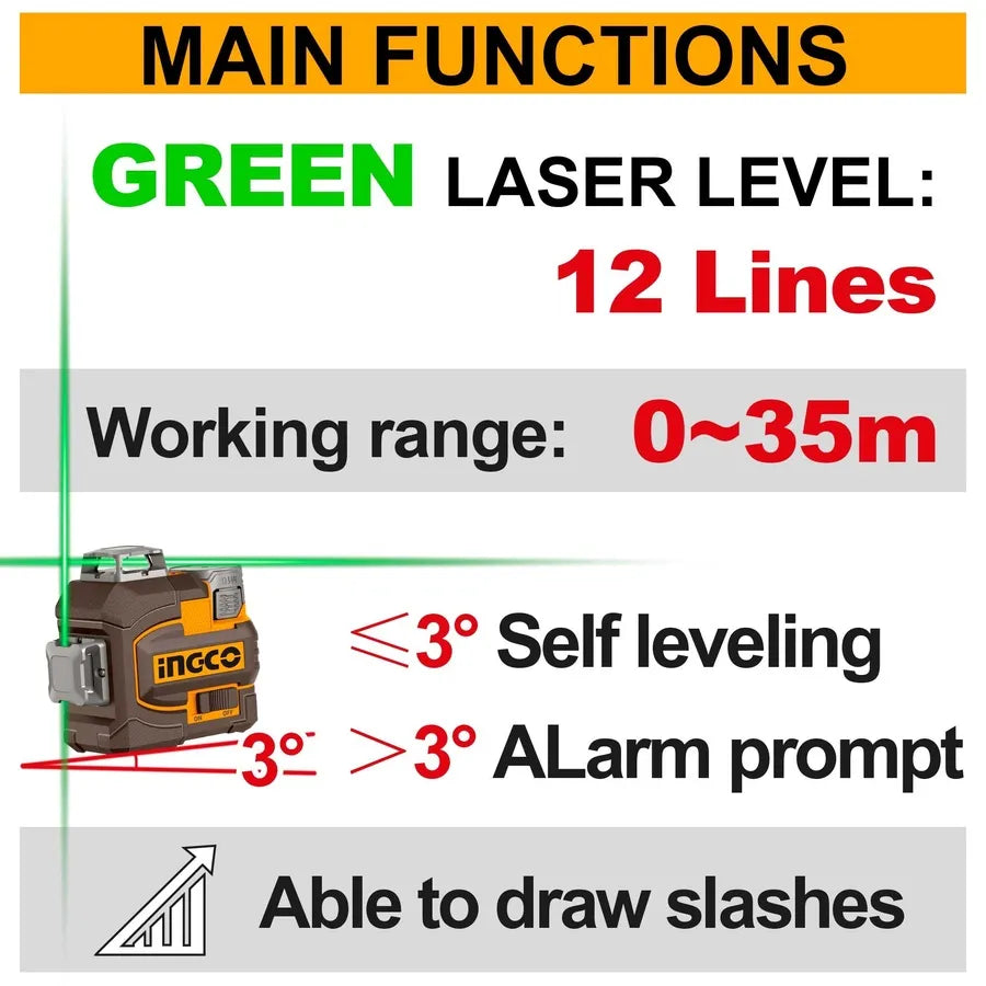16V Cordless 3D Laser Level 12 Lines - INGCO