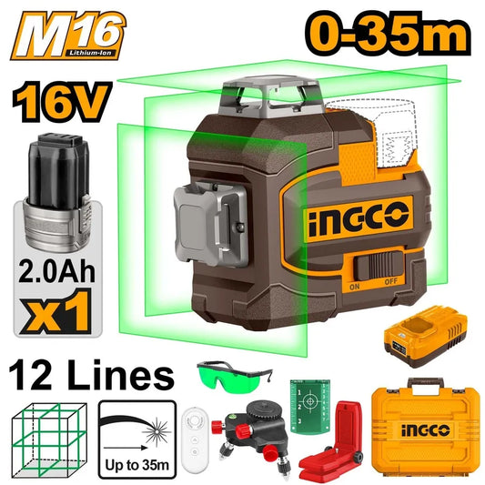 16V Cordless 3D Laser Level 12 Lines - INGCO