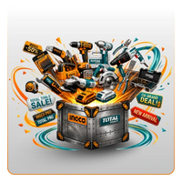 Promotional graphic for a big sale featuring a metallic crate overflowing with various power tools and hand tools, surrounded by colorful sale badges and the text 'Big Sale' below on a white background.