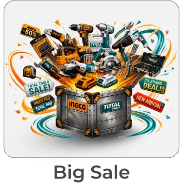 Promotional graphic for a big sale featuring a metallic crate overflowing with various power tools and hand tools, surrounded by colorful sale badges and the text 'Big Sale' below on a white background.