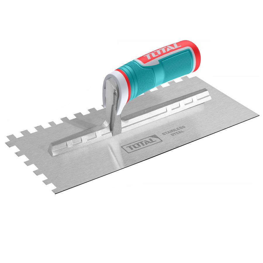 Metal trowel with a turquoise handle on a white background
