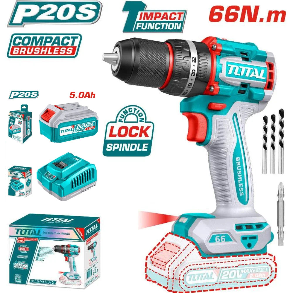A cordless drill driver set shown on a white background with product graphics and accessories. The drill has a teal, white, and red body with a black chuck.