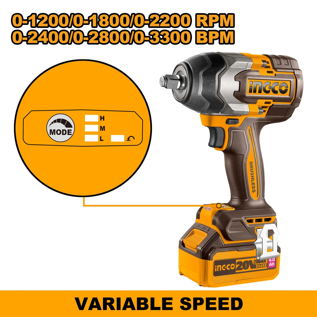 20V Cordless Impact Wrench Brushless 850Nm - INGCO